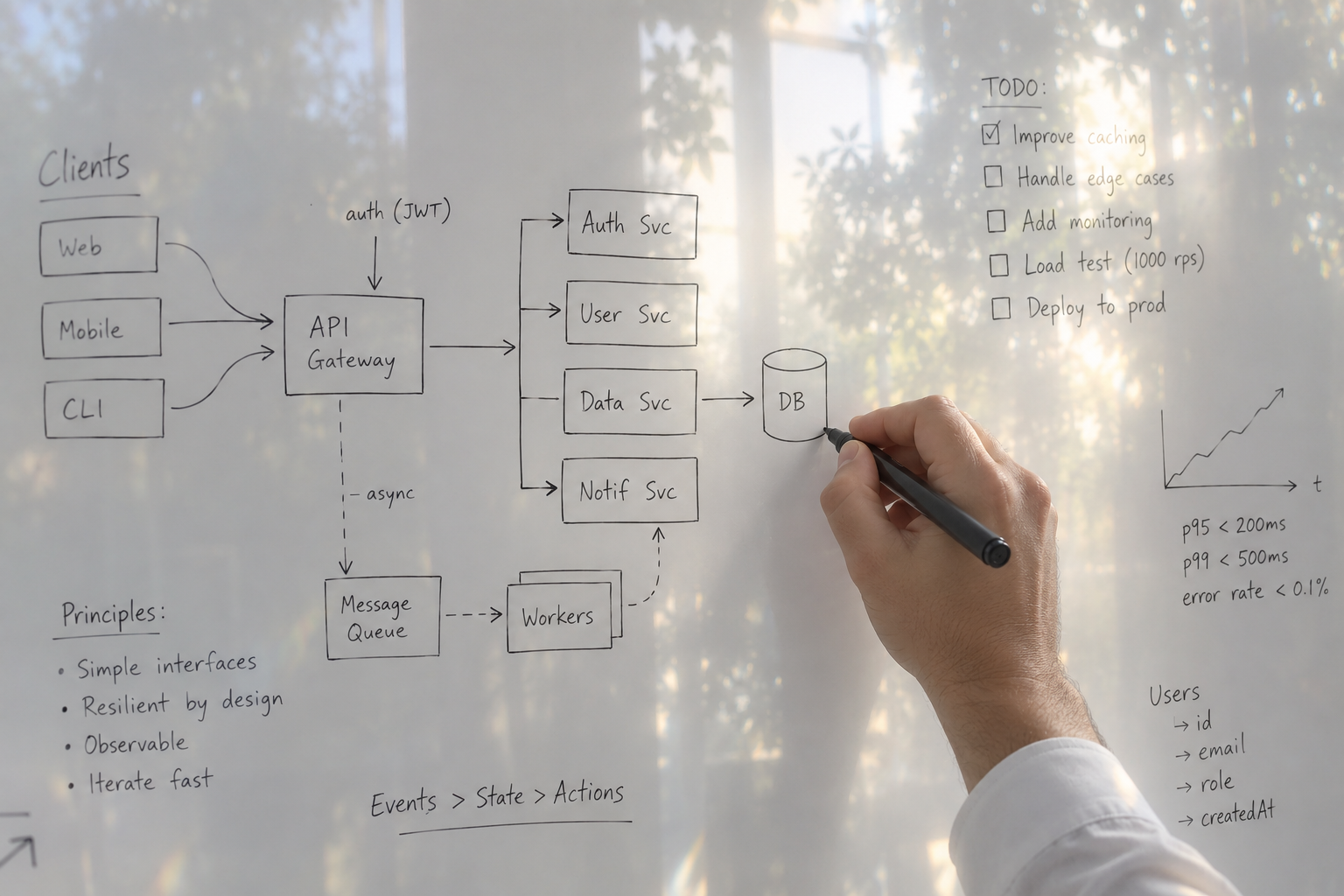 Generated concept image of an adult’s hand drawing a diagram on a whiteboard.